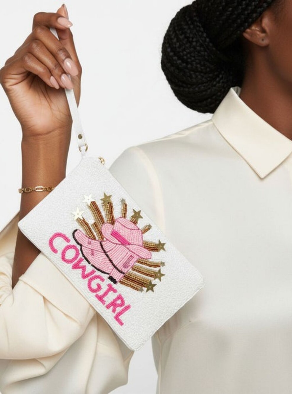 Wristlet White and Pink Cowgirl Bead Zipper Pouch